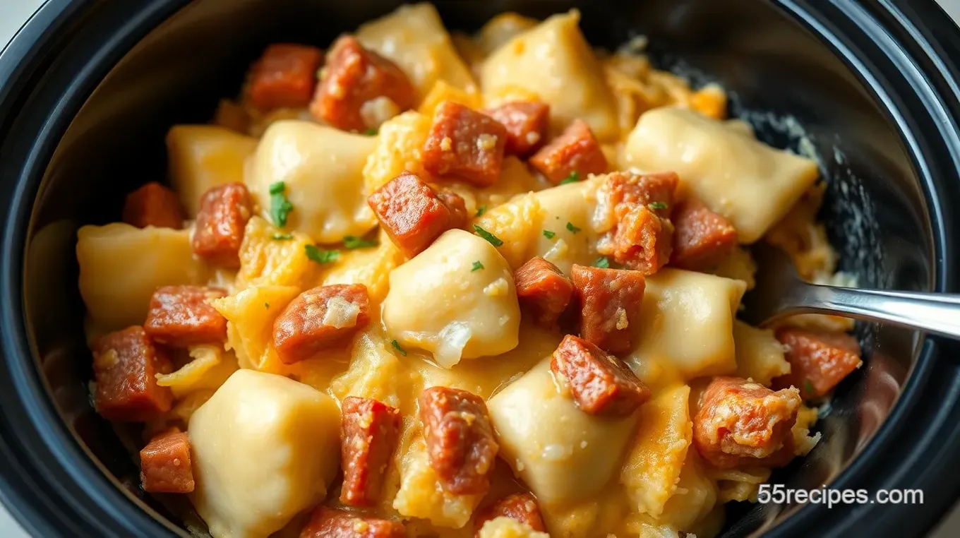 Crockpot Pierogi Casserole with Kielbasa