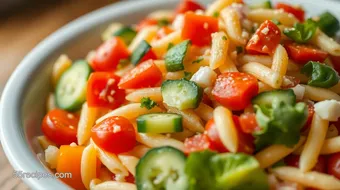 Mixing Pasta Salad with Fresh Veggies