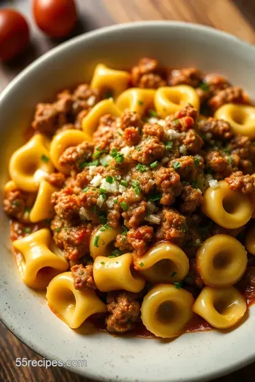 Cheesesteak Tortellini with Creamy Provolone Sauce presentation