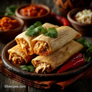 Authentic Homemade Chicken Tamales Pillowy Masa Red Chile Filling Recipe Card