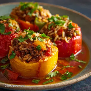 Stuffed Capsicum: Hearty Mediterranean Beef and Rice Recipe Recipe Card