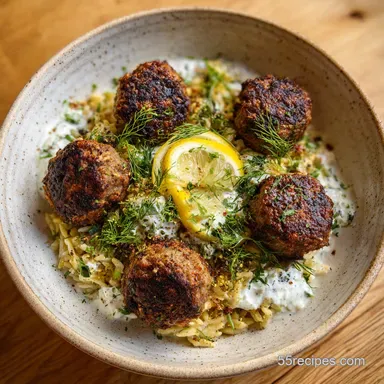 Boulettes Grecques et Orzo Citronn&eacute; avec Cr&egrave;me de Feta en 45 Min Recipe Card