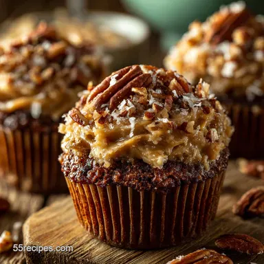 German Chocolate Cupcakes: Classic Recipe with Sticky Pecan-Coconut Frosting Recipe Card