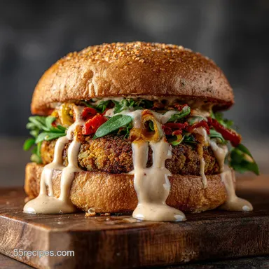 Falafel Burger: Ultra-Crispy Patties with Spiced Harissa-Tahini Drizzle Recipe Card