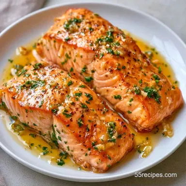 Garlic Butter Frozen Salmon Baked Recipe Card