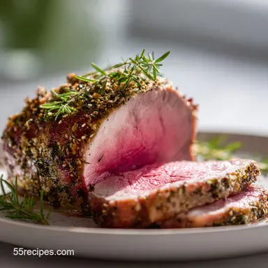 Top Round Roast: Herb-Crusted Perfectly Pink Medium-Rare Recipe Card