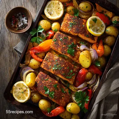 Spiced Salmon Traybake Recipe: Moroccan Sheet Pan Perfection Recipe Card