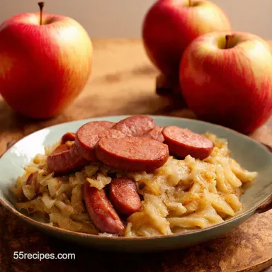 OnePan Kielbasa and Sauerkraut with Apples Easy Comfort Recipe Card