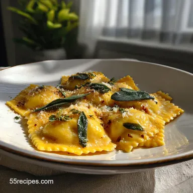Pumpkin Ravioli Pasta Recipe: Creamy Sage Butter Sauce Recipe Card