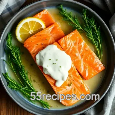 Refreshing Cold Poached Salmon with Lemon-Dill Sauce presentation