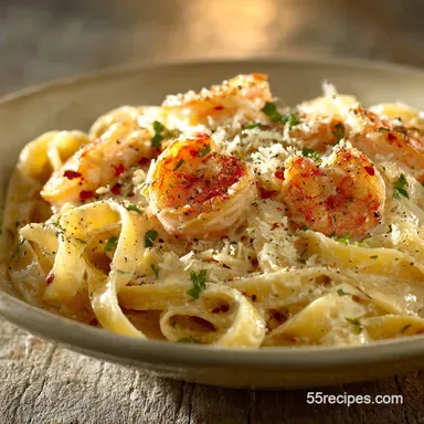 Shrimp Fettuccine Alfredo Restaurant-Style, Silky, and Quick Recipe Card