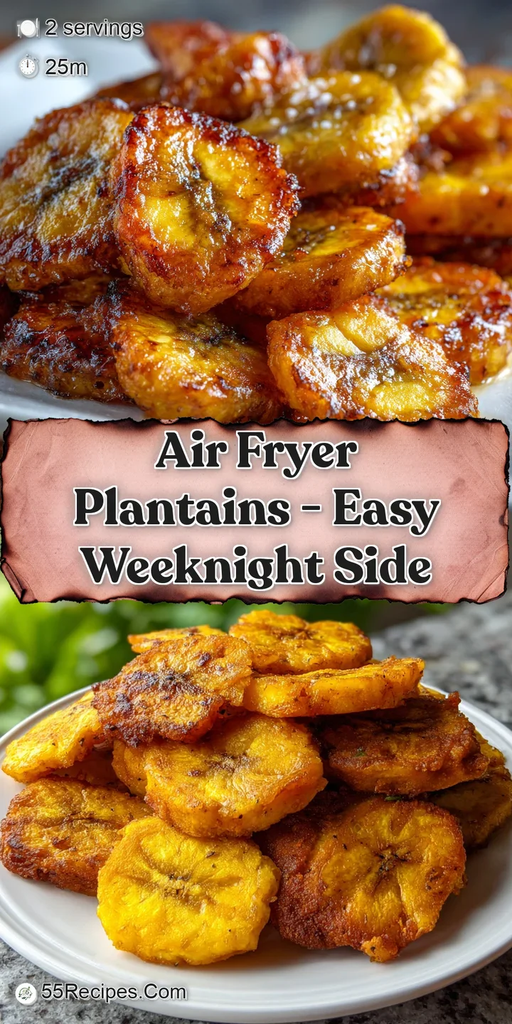 Close-up of caramelized air-fried plantains, highlighting their soft, yielding texture and subtly crisp edges. A burst of ...