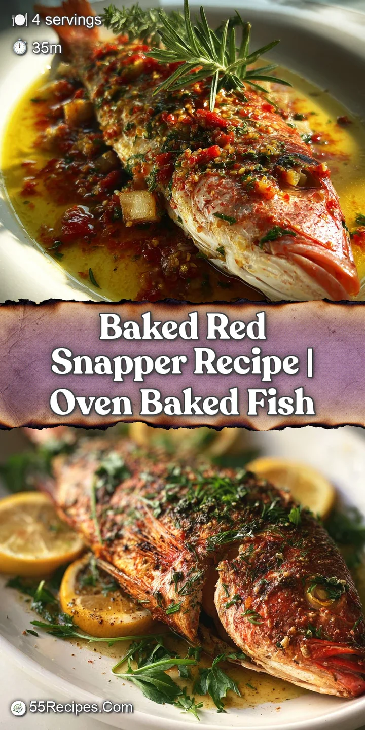 Close-up shows moist, tender baked red snapper with browned, crispy skin. Bright lemon and herbs create a flavorful visual.