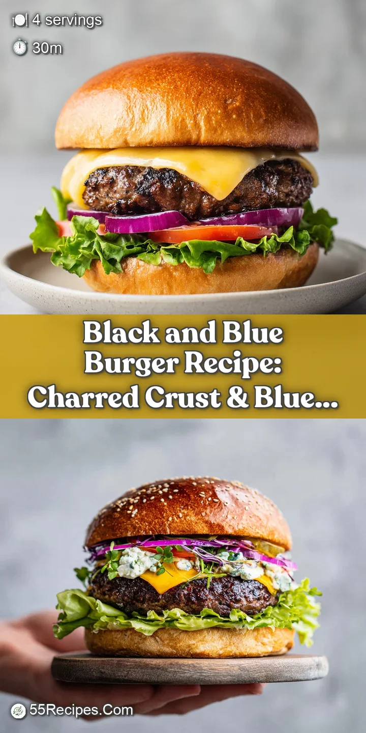 Close-up of burger with blackened patty, melted cheese, blueberry compote glistening on a toasted bun; fresh and juicy.