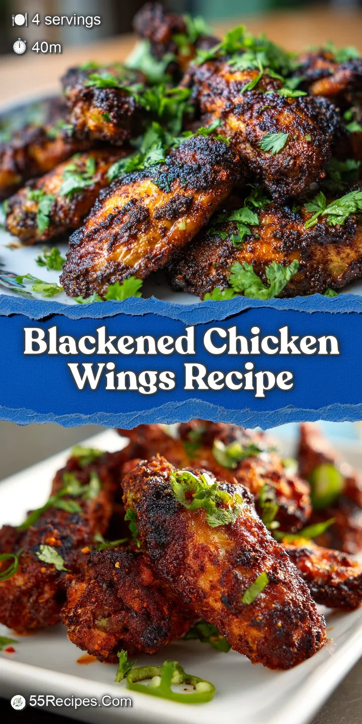 Close-up of a blackened chicken wing, the dark, spiced crust catching the light. Juicy and smoky, ready to be devoured.