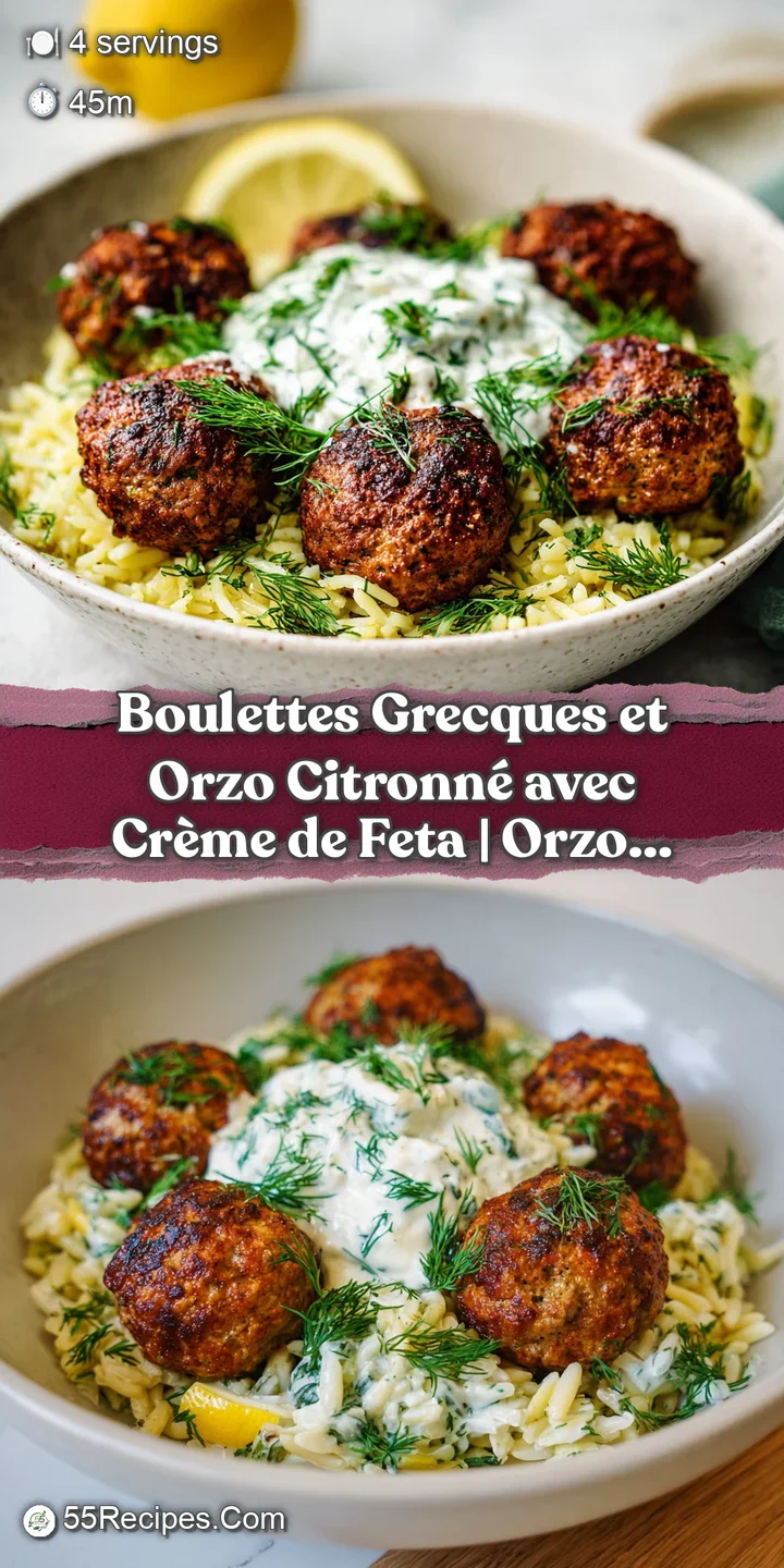 Close-up of a glistening, golden Greek meatball with a juicy interior, next to vibrant lemon orzo.