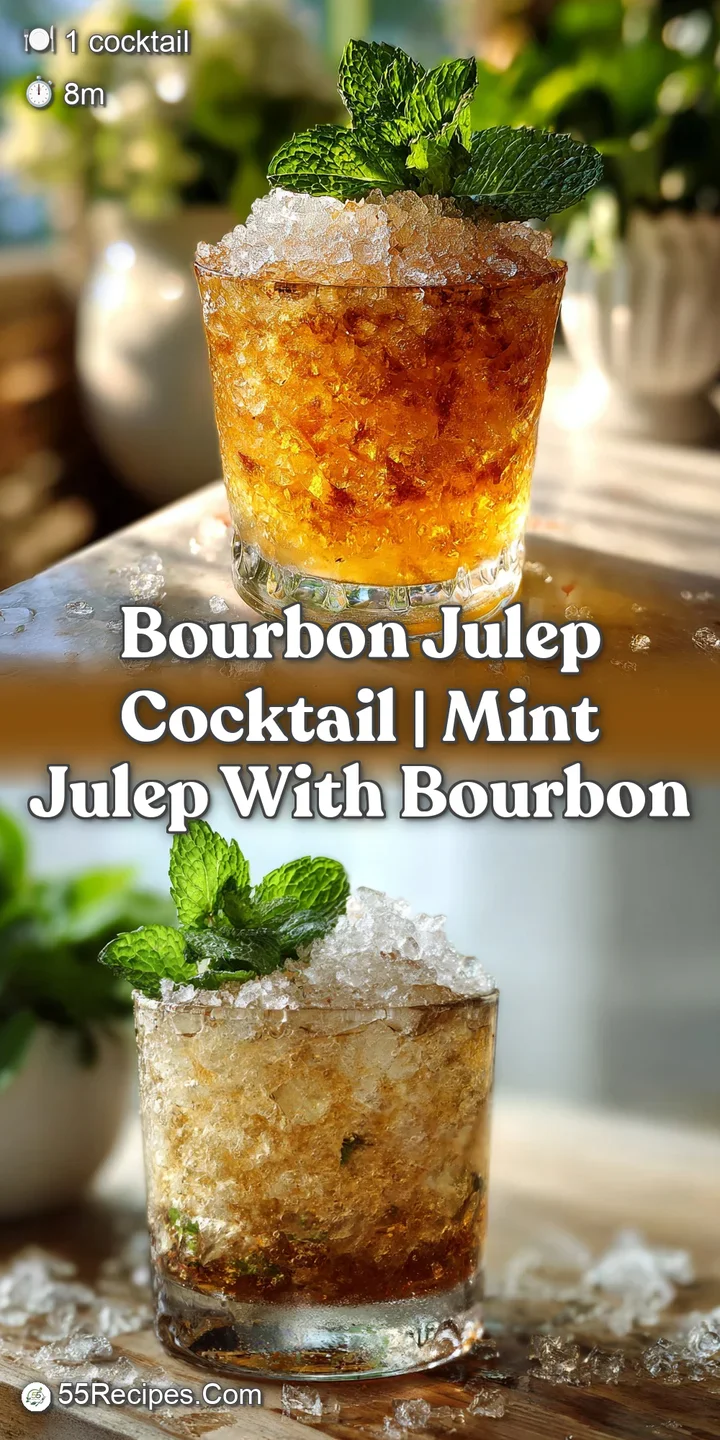 Close-up of an icy bourbon julep, condensation beading on the glass, bright green mint contrasting with the rich, amber li...