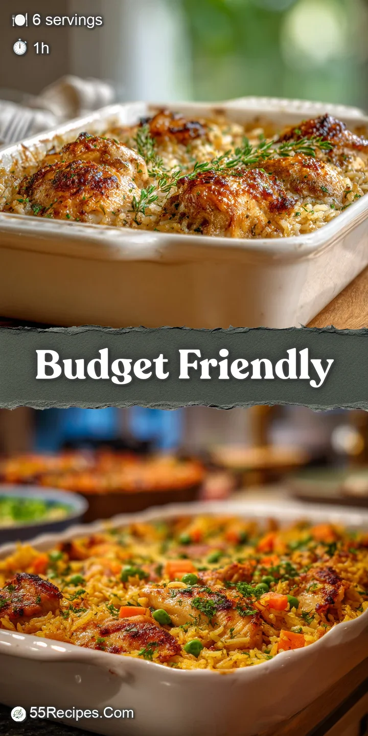Close-up of the casserole&rsquo;s crust, bubbly and browned, with visible grains of rice and tender pieces of chicken underneath.