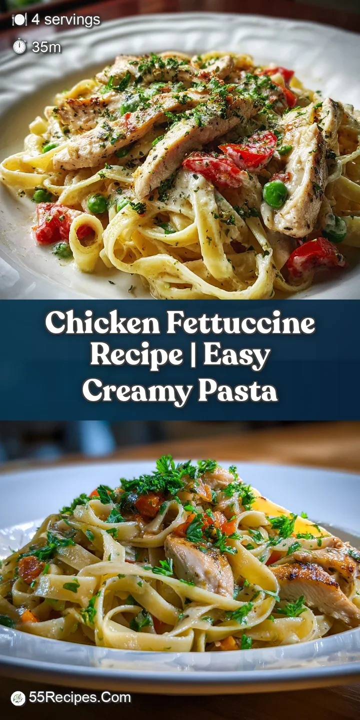 Close-up of silky fettuccine coated in a rich, creamy sauce, dotted with tender chicken and fresh parsley. Inviting and fl...