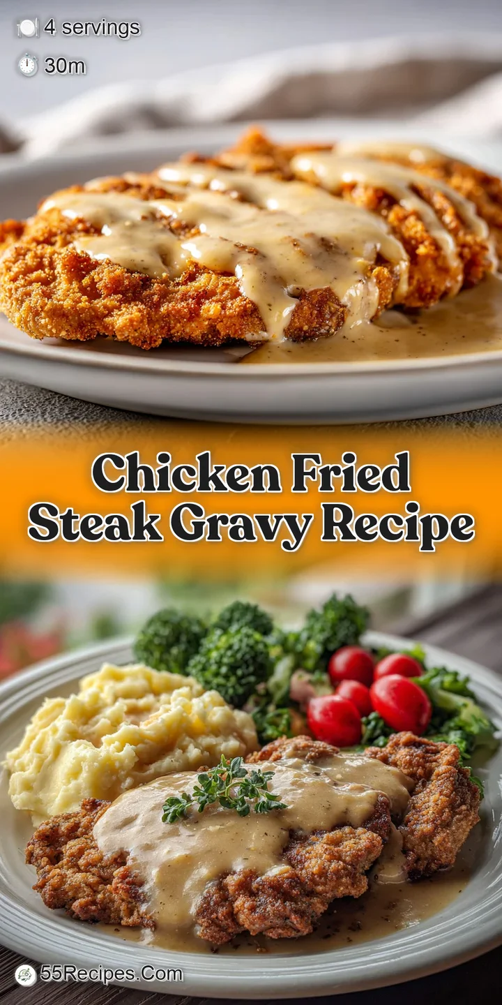 Close-up reveals the crunchy, textured breading of chicken fried steak, dripping with rich, peppered cream gravy.