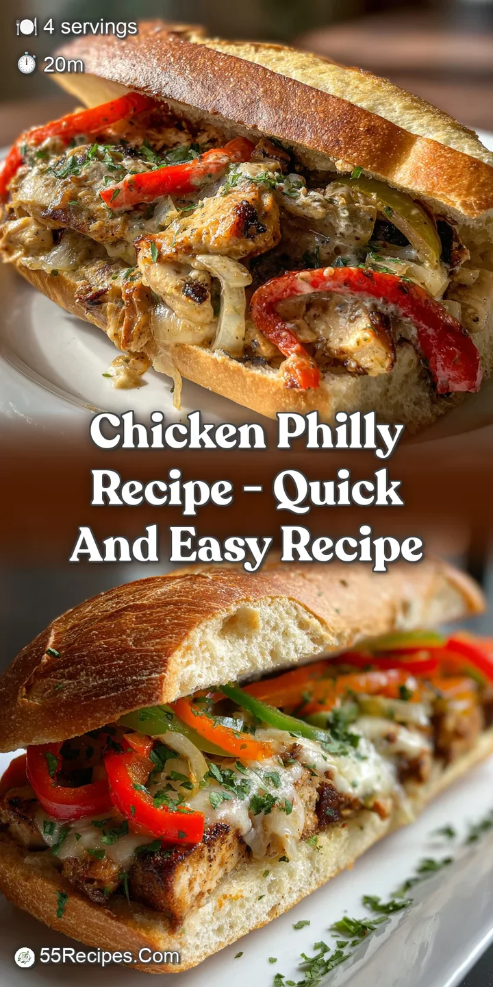 Close-up of a Chicken Philly: glistening, tender chicken, dripping melted cheese, and vibrant saut&eacute;ed peppers spilling fro...