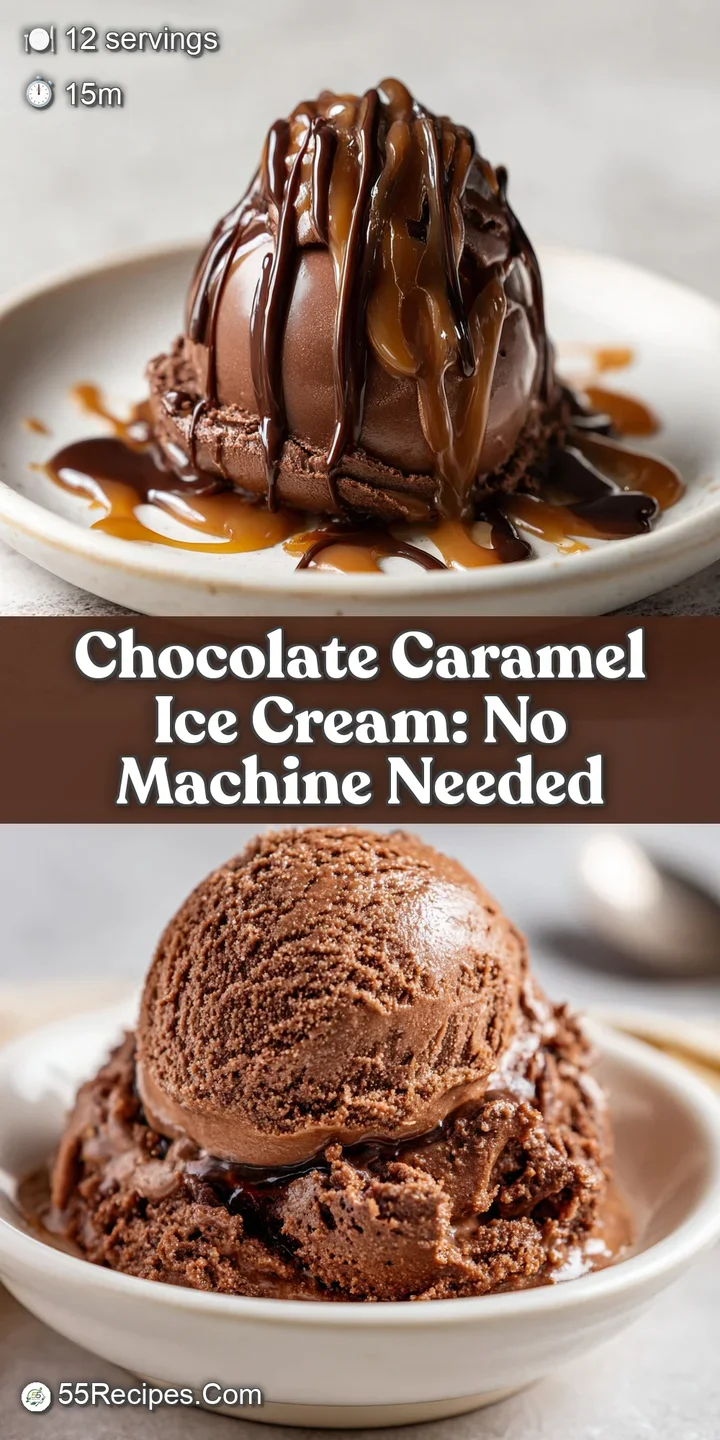 Close-up of intensely rich, dark chocolate and golden caramel ice cream, swirling together in creamy, delicious perfection.