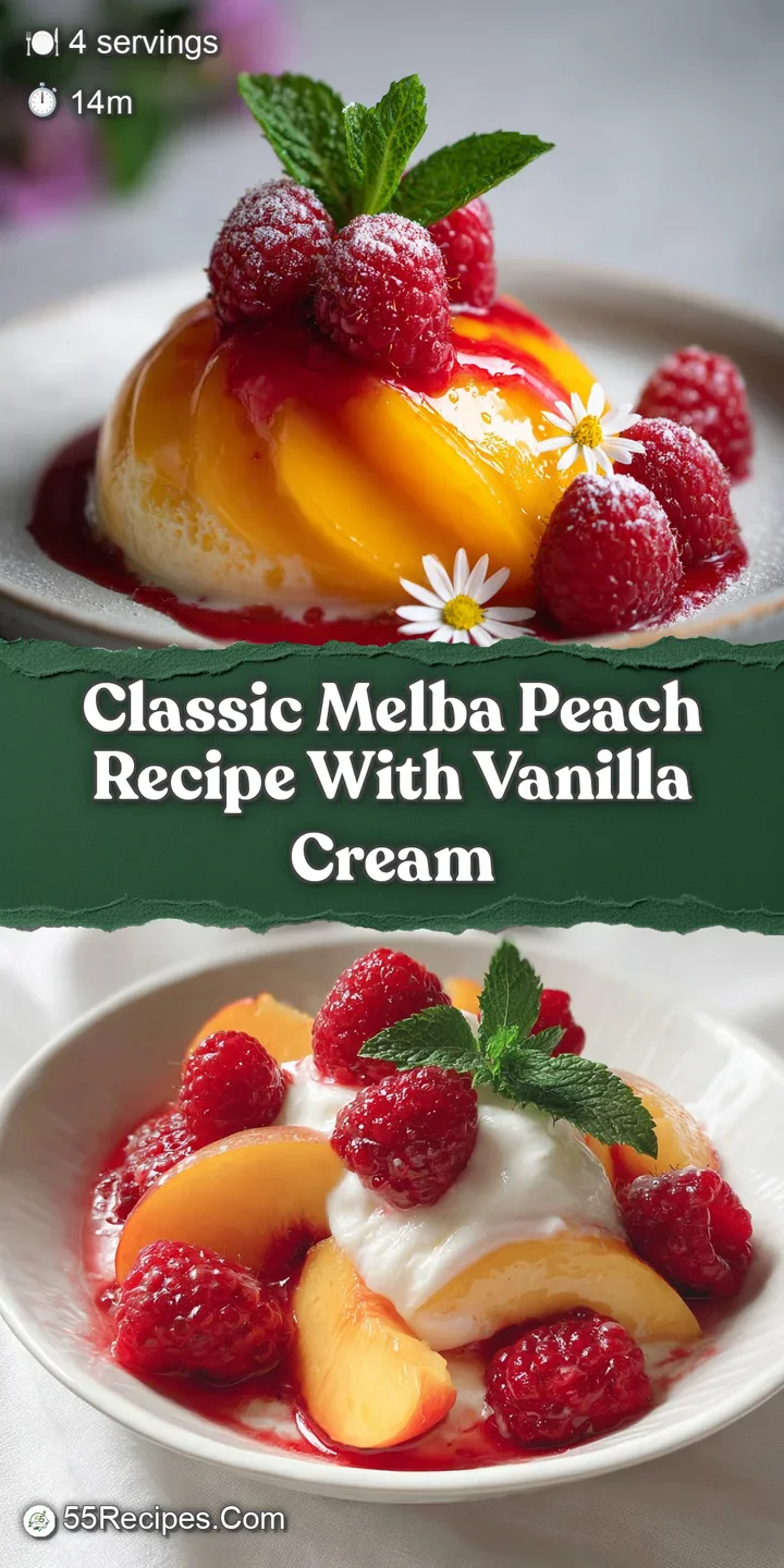 Close-up of juicy, golden peach with vibrant raspberry sauce oozing over its side, mint sprig. A dessert that is both frui...