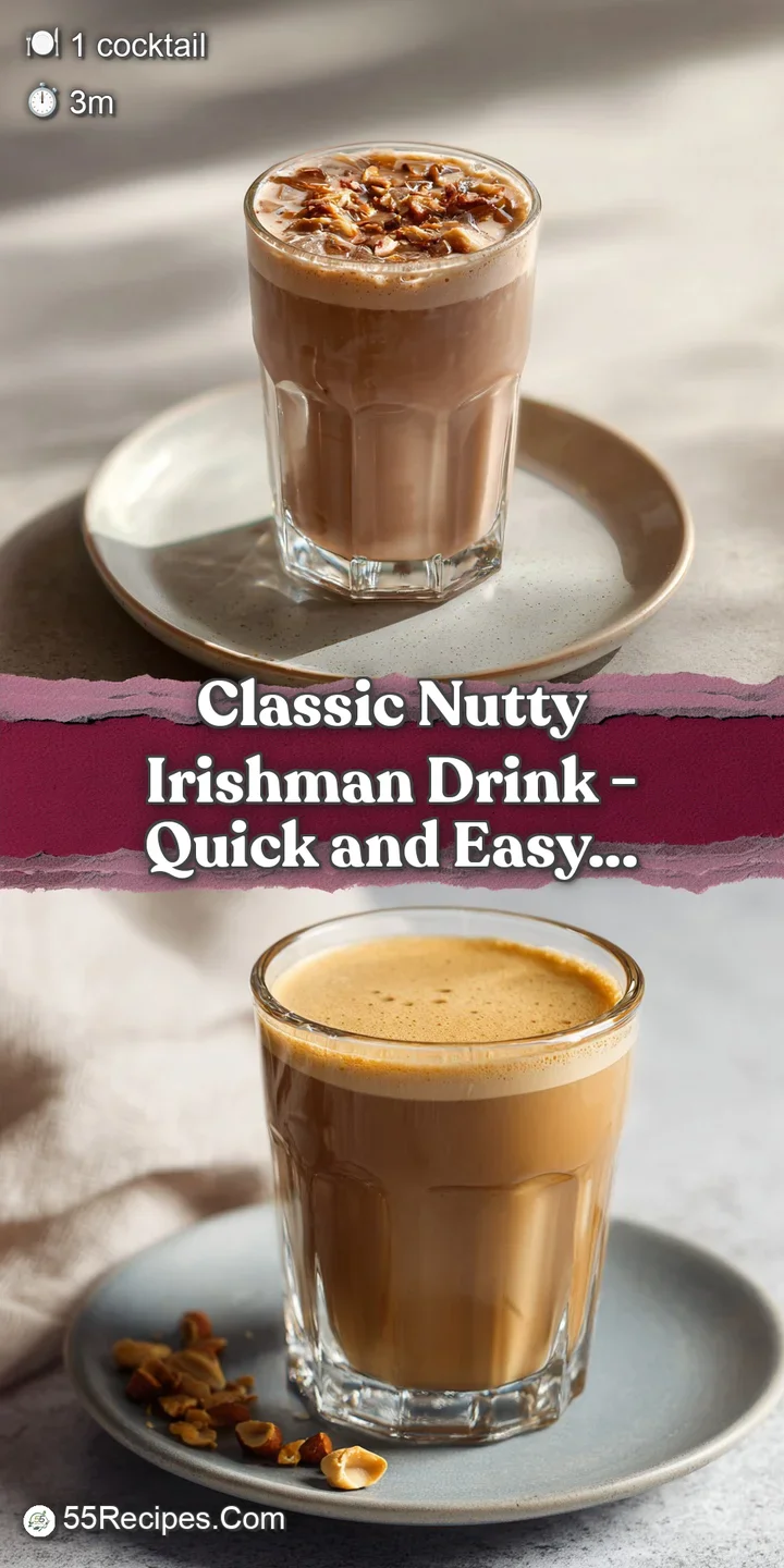 A close-up of a smooth, rich tan cocktail with a soft white cream topping and glistening nut fragments.