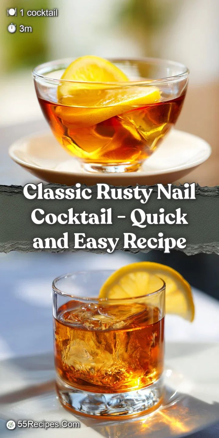 Close-up of a Rusty Nail cocktail, deep amber hues, melting ice, and a bright lemon peel.