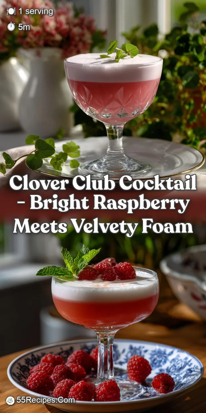 Close-up of a pink cocktail with a creamy, textured foam, featuring fresh raspberries and an inviting sparkle, promising a...