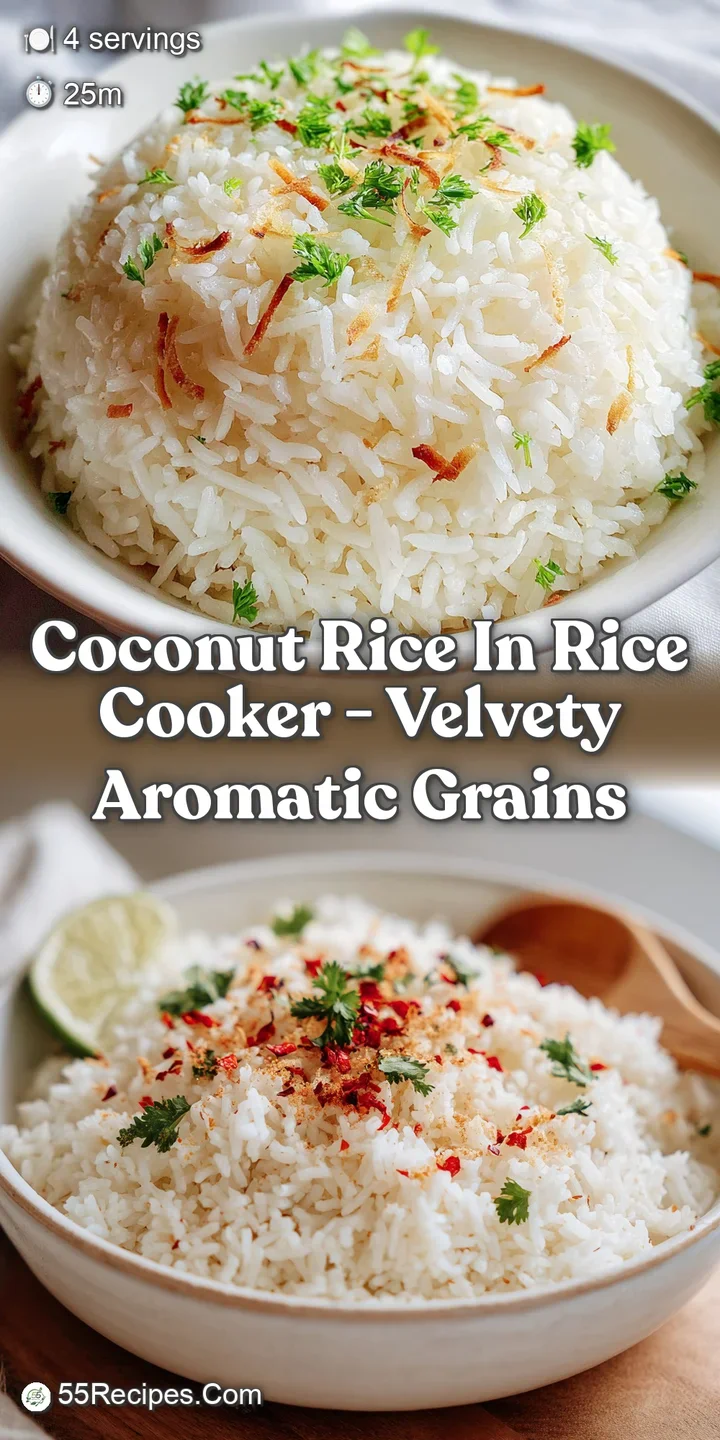 Close-up shot of steaming coconut rice with visible grains. The white rice is flecked with toasted coconut and has a soft,...