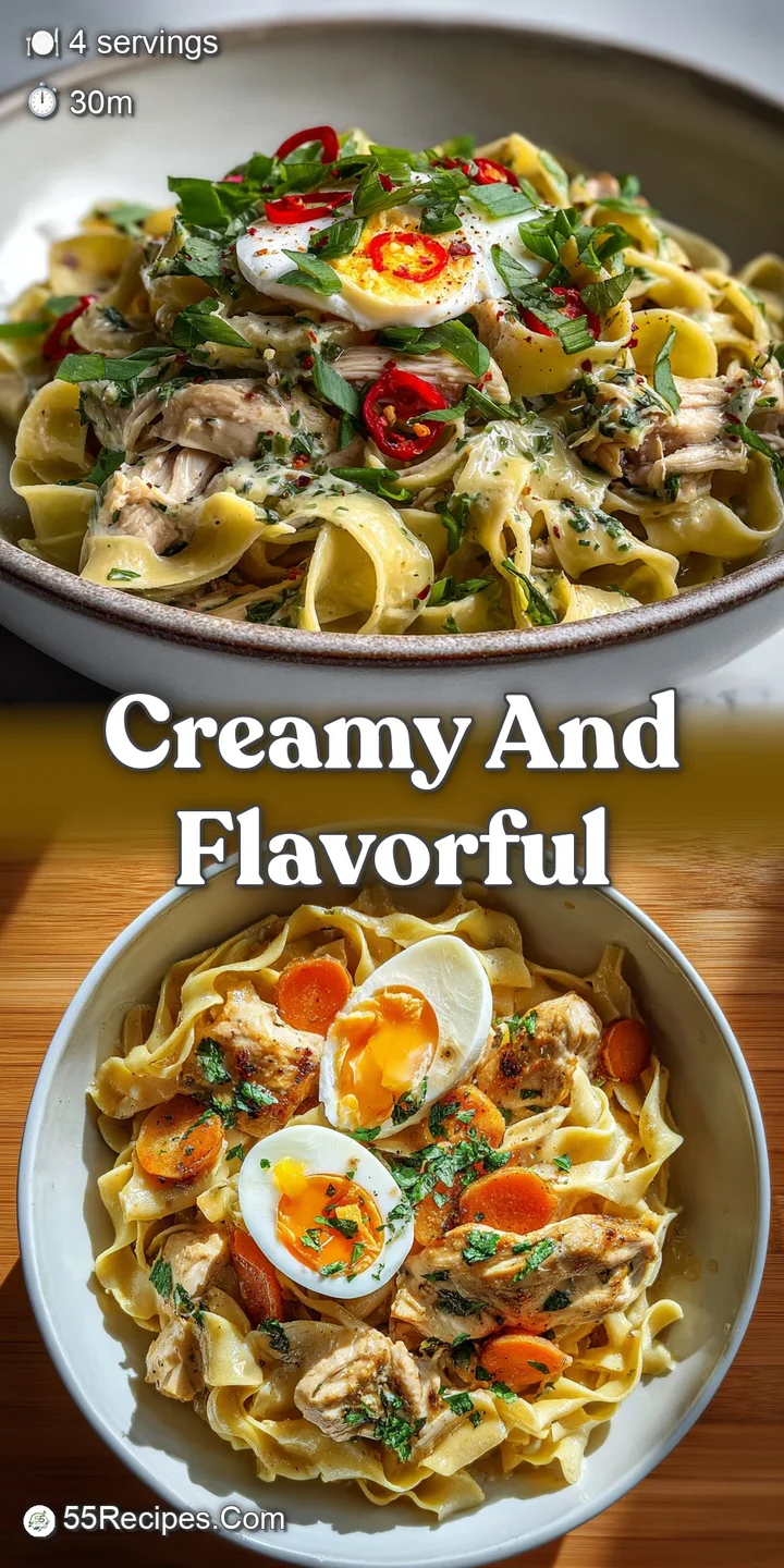 Close-up reveals glistening noodles, tender chicken pieces, and vibrant green herbs in a rich, creamy, flavorful sauce.