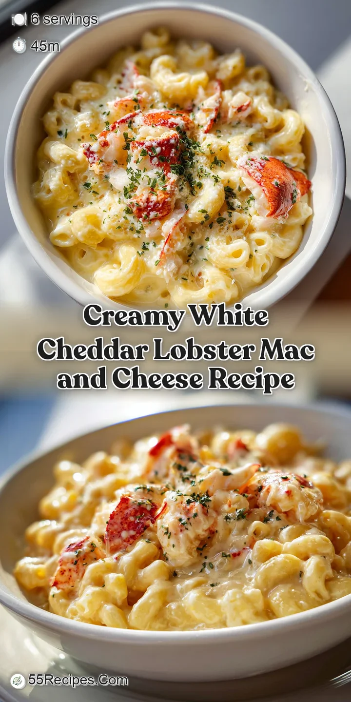 Close-up of creamy lobster mac, white cheddar dripping, with chunks of lobster visible.