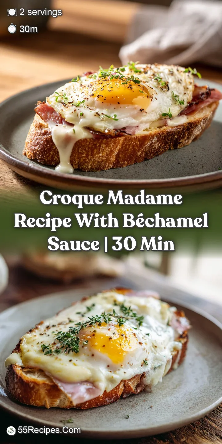 Close-up of a Croque Madame featuring a perfectly fried egg with a runny yolk cascading down the cheesy, toasted bread.