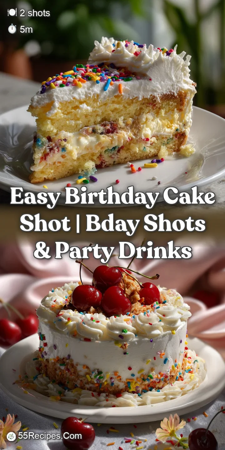 Close-up of a layered shot, showing a creamy texture with pastel hues and a sprinkle of festive, colorful toppings. A swee...