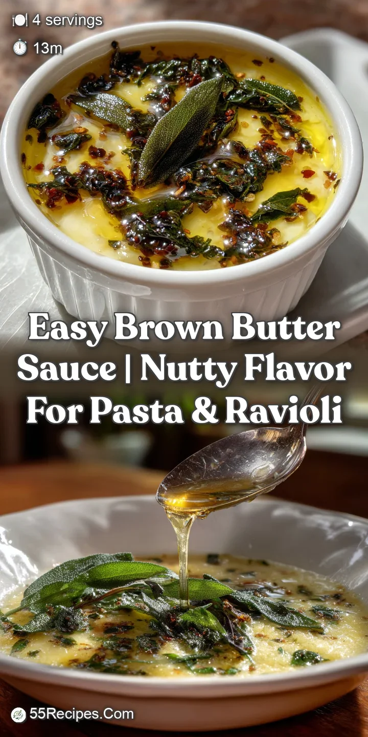 Close-up shot revealing the complex, swirling texture of the brown butter sauce. The deep amber color suggests a nutty, ca...