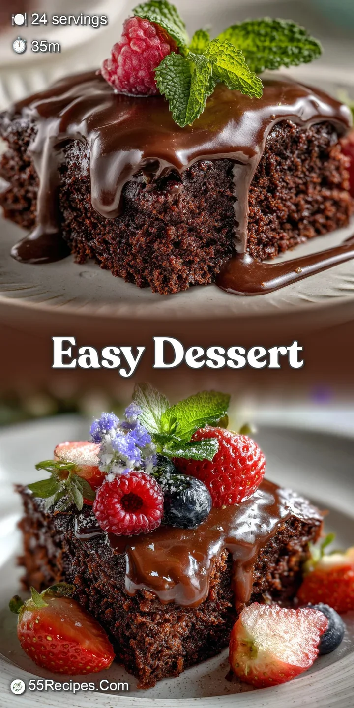 Close-up of fudgy chocolate sheet cake highlighting rich, moist crumb and dusting of powdered sugar against dark icing.