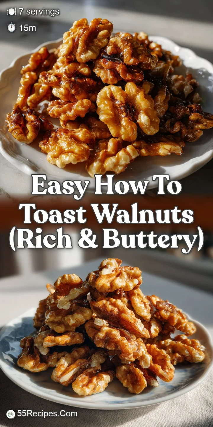 Close-up of toasted walnuts displaying their glossy, roasted exteriors. Warm hues of brown and caramel create a tempting i...