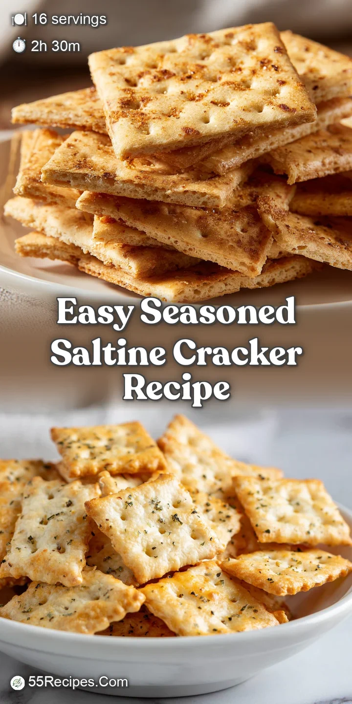 Close-up of a seasoned saltine cracker revealing its texture and golden-brown color. Herb and spice flecks are sprinkled o...