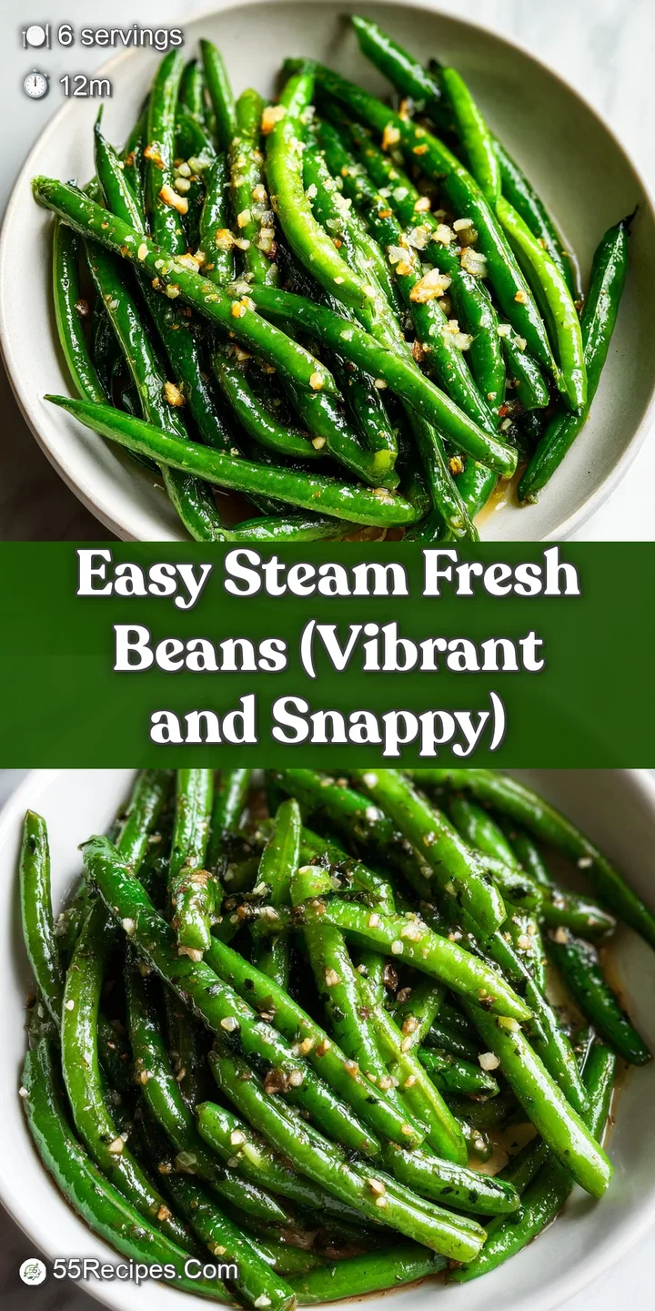 Close-up of tender, bright green beans with glistening water droplets and a sprinkle of flaky sea salt crystals.