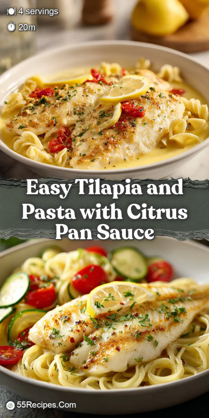 Close-up of moist tilapia and al dente pasta, coated in a delicate pan sauce. Herb sprigs add freshness and visual appeal.