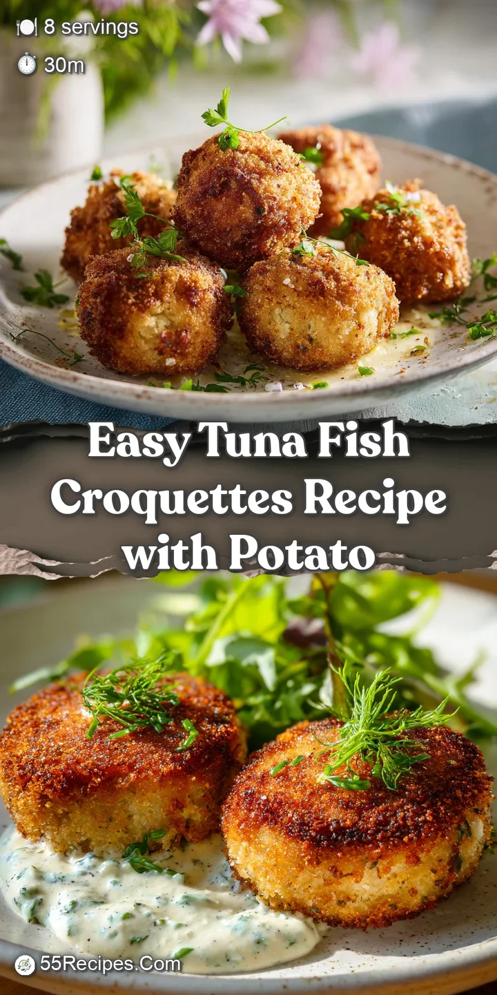 A close-up captures the appealing texture of a golden-fried tuna croquette, revealing flakes of tuna and herbs within its ...