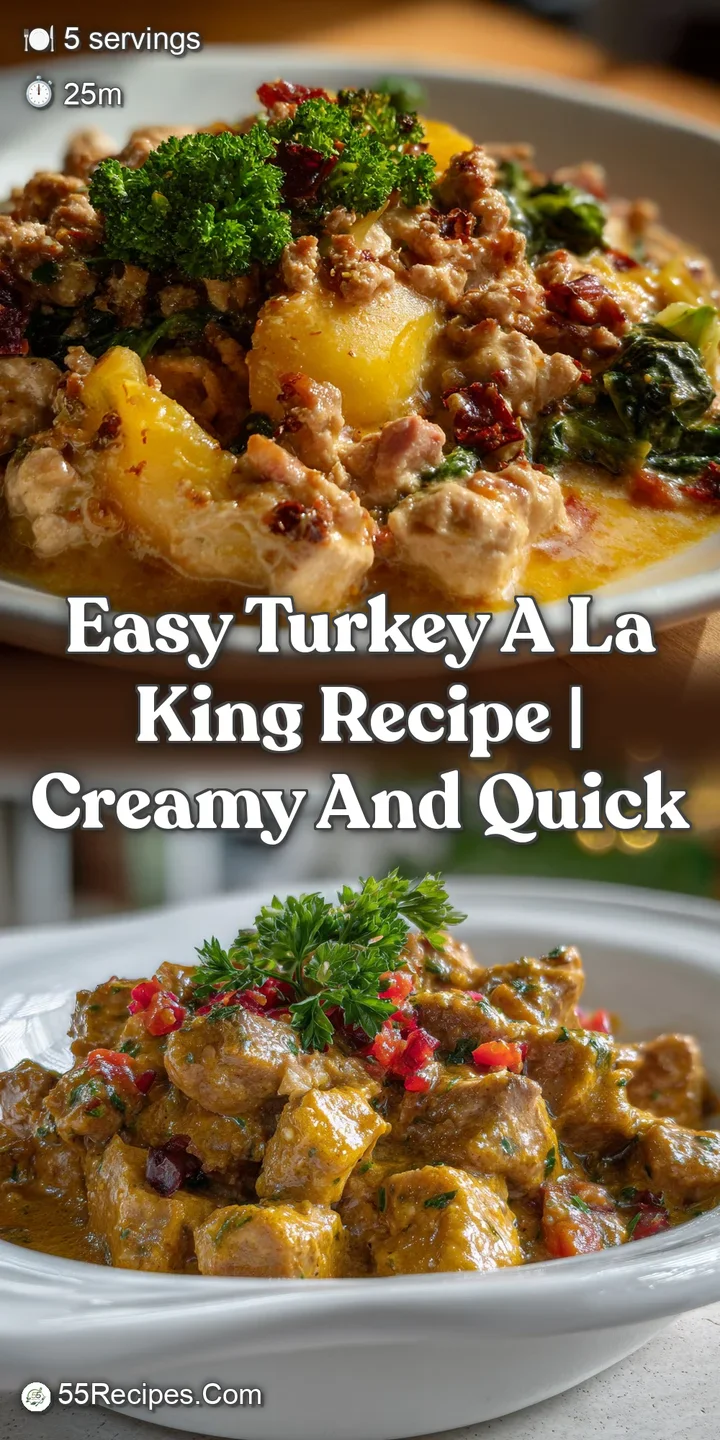 Close-up of creamy, simmering turkey ala king, with tender vegetables, rich sauce, and flaky crust, a visually appealing a...