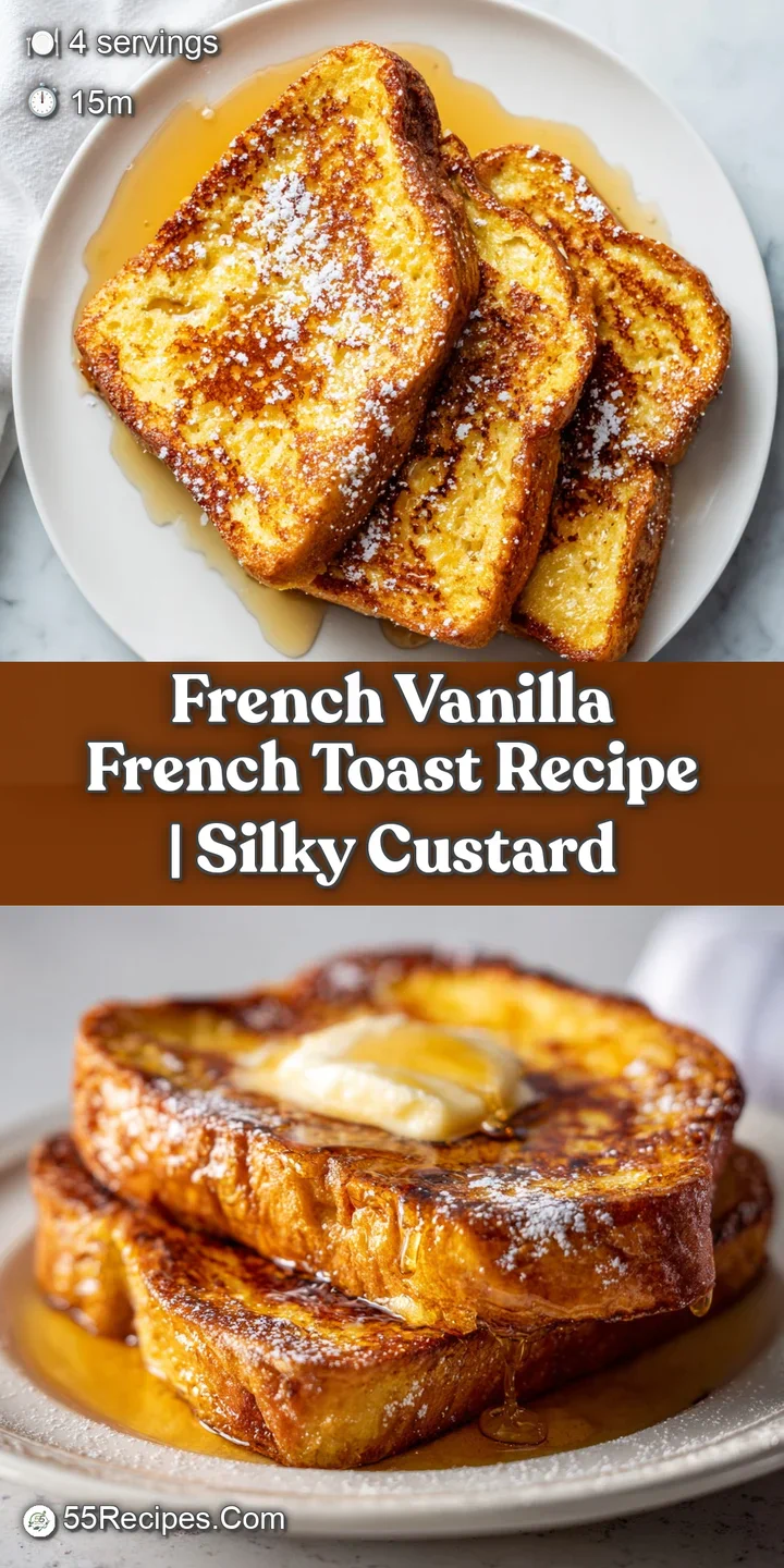 Close-up of French toast: Crispy edges contrast with soft interior. Vanilla bean flecks visible. Syrup glistens, reflects ...