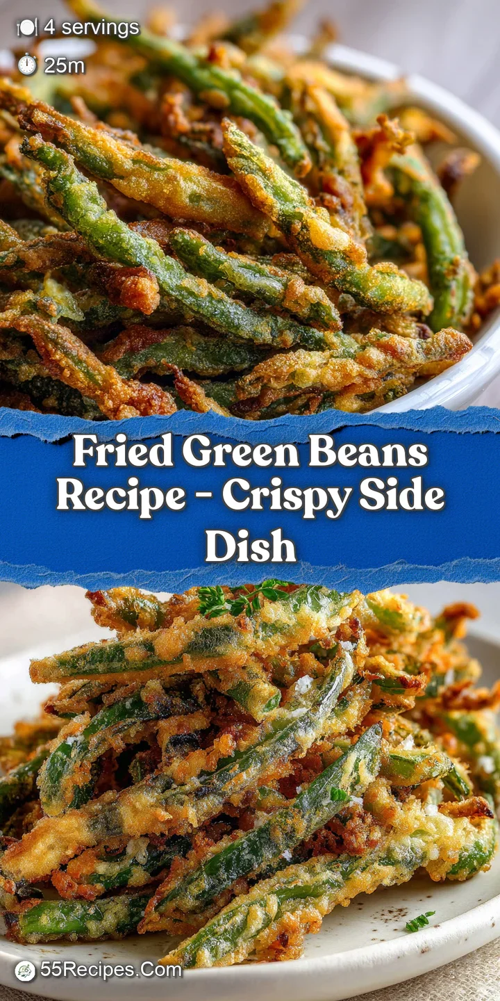 Close-up of crunchy fried green beans, glistening with oil and flecked with crispy, toasted bits. Freshly fried and ready ...