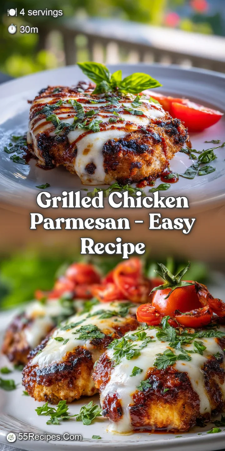 Close-up of bubbling mozzarella melting over juicy grilled chicken, flecked with herbs and rich tomato sauce.