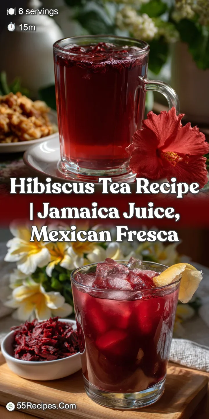Close-up of a deep crimson hibiscus tea with glistening ice cubes, capturing the tartness and floral aroma of this beautif...