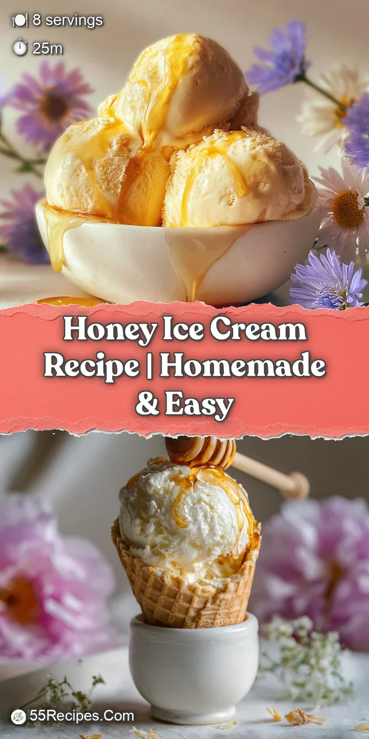 Close-up of creamy honey ice cream. Visible airy texture, with a soft sheen and delicate swirl of golden honey.