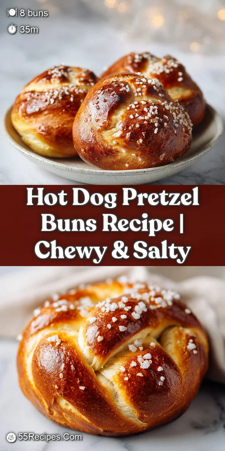 Close-up on the shiny, dark-brown crust of a pretzel bun, embracing a plump, steaming hot dog. Salt crystals glisten, temp...