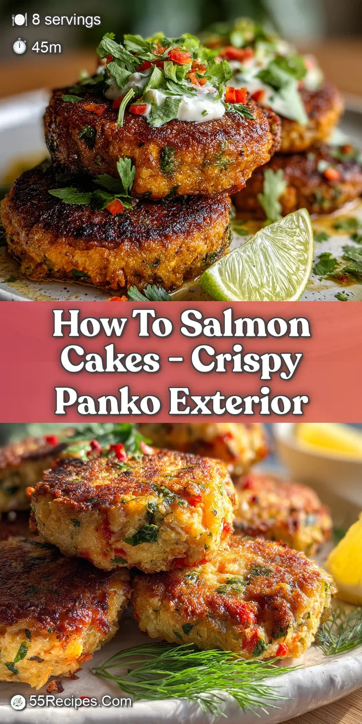 Close-up of a flaky salmon cake with golden-brown crust, showing the moist interior and flecks of herbs, inviting and deli...